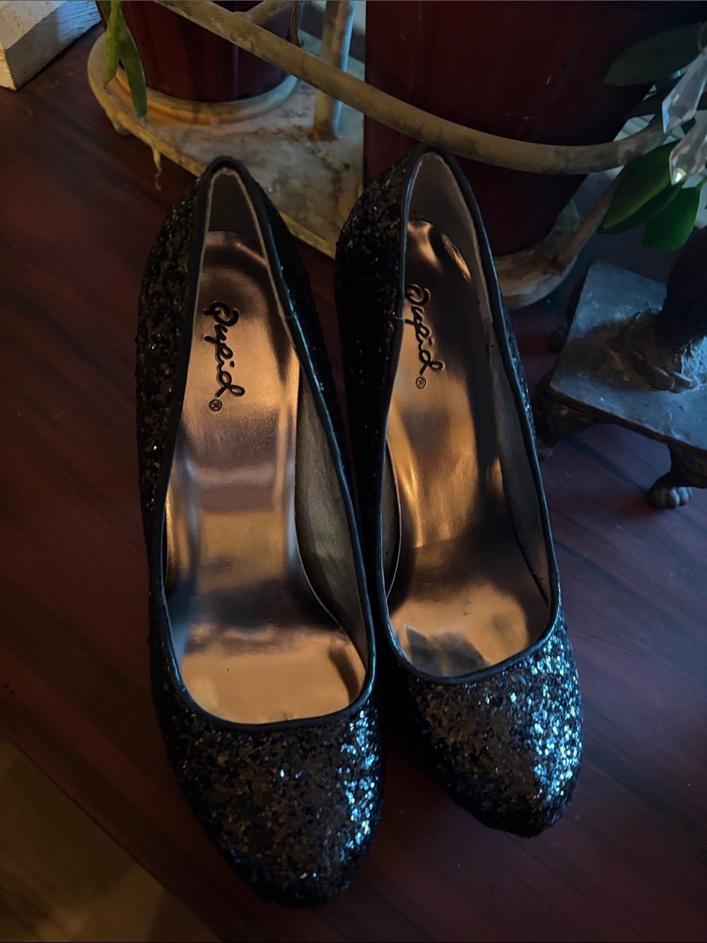 Qupid Black Glitter Platform High Heels - Picture 2 of 10